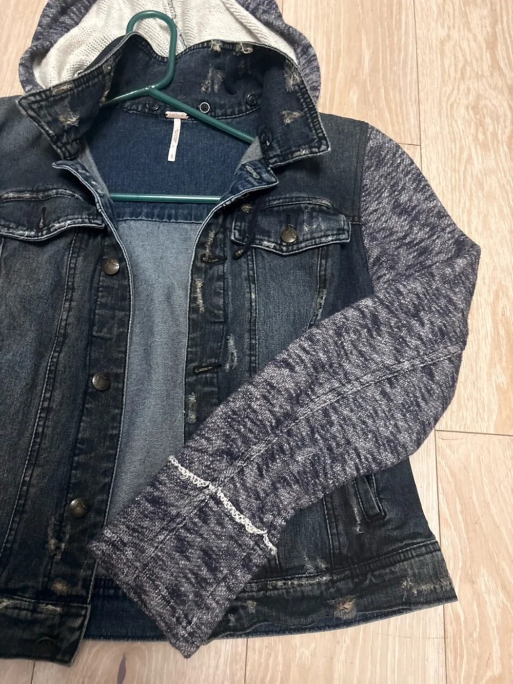 Free People Hooded Mixed-Media Jean Jacket in Dark Blue and Heather Gray - Picture 4 of 9